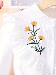 Girls Orange Flowers Embroidery Shirt Dress With Belt