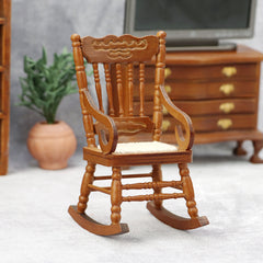 1:12 Scale Classic Carved Wooden Rocking Chair Warm Chestnut Finish