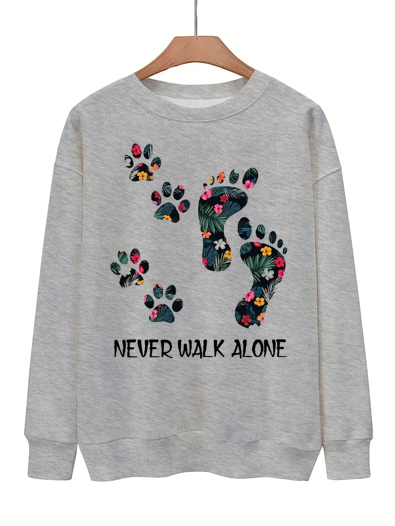 Footprint & Slogan Print Pullover Sweatshirt Loose Crew Neck Casual Sweatshirt