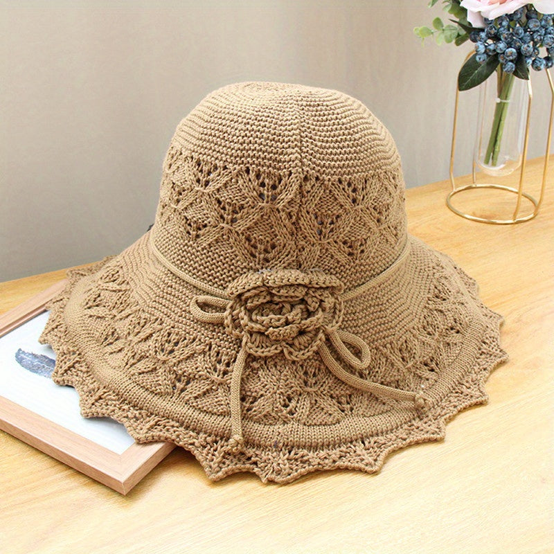 Ruffles Knitted Bucket Hat Flower Decor Foldable Travel Beach Hat