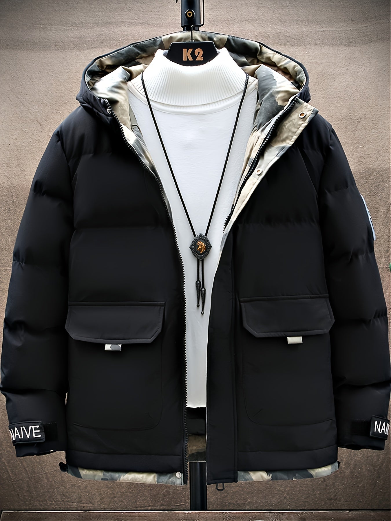 Men's Casual Fleece Hooded Jacket Camo Lining Winter Outwear