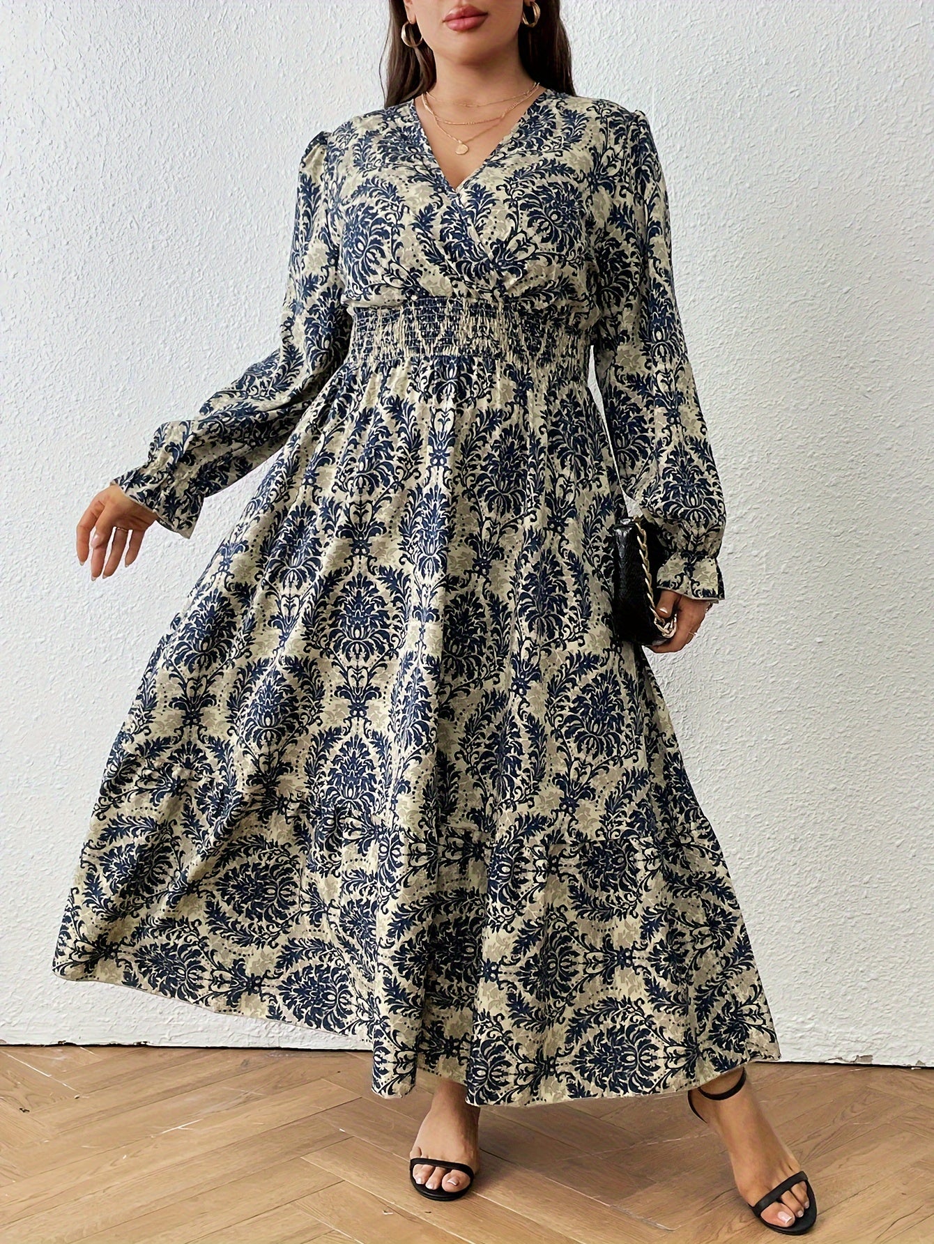 Boho Damask Print Maxi Dress Lantern Sleeve V Neck Plus Size