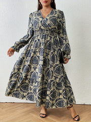 Boho Damask Print Maxi Dress Lantern Sleeve V Neck Plus Size