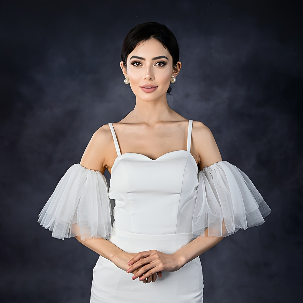 Puffy Sleeve Bridal Gown & Tulle Bridesmaid Dress