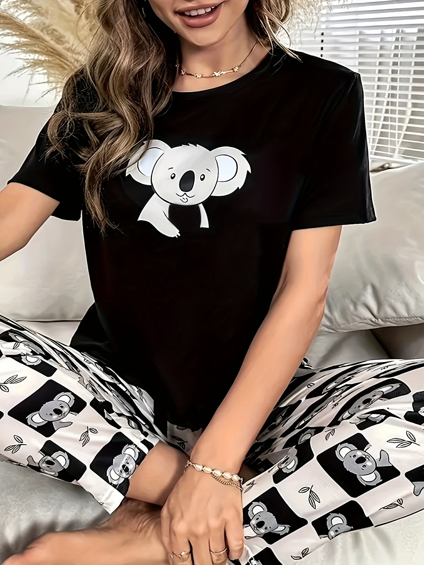 Koala & Checkered Print Tee & Pants Lounge Set