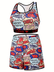 Y2K Pop Art Print Racer Back Tank Bra & Shorts Set