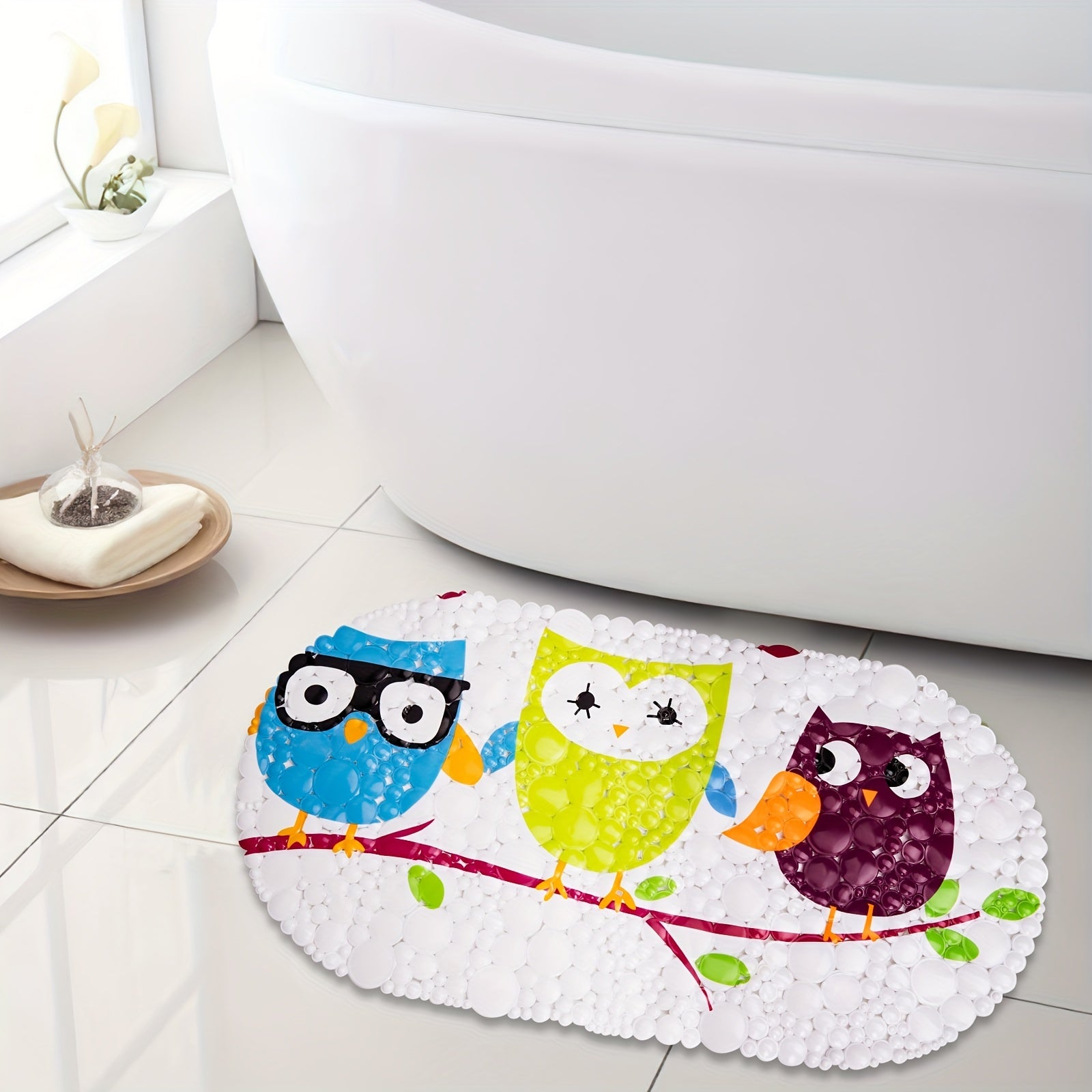 Cartoon Bird Anti-slip Shower Stall Mat with Drain Holes and Suction Cup