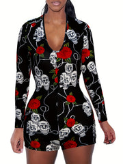 Skull & Rose Print Lounge Romper Long Sleeve V Neck Buttons Women's Loungewear