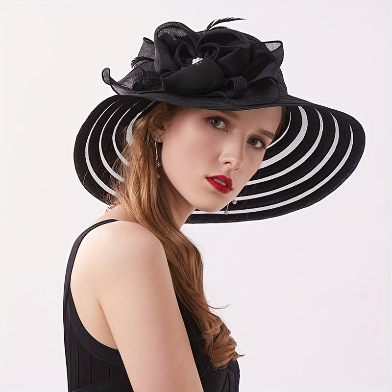 Striped Sun Hat Flower Decor Organza Church Derby Hats