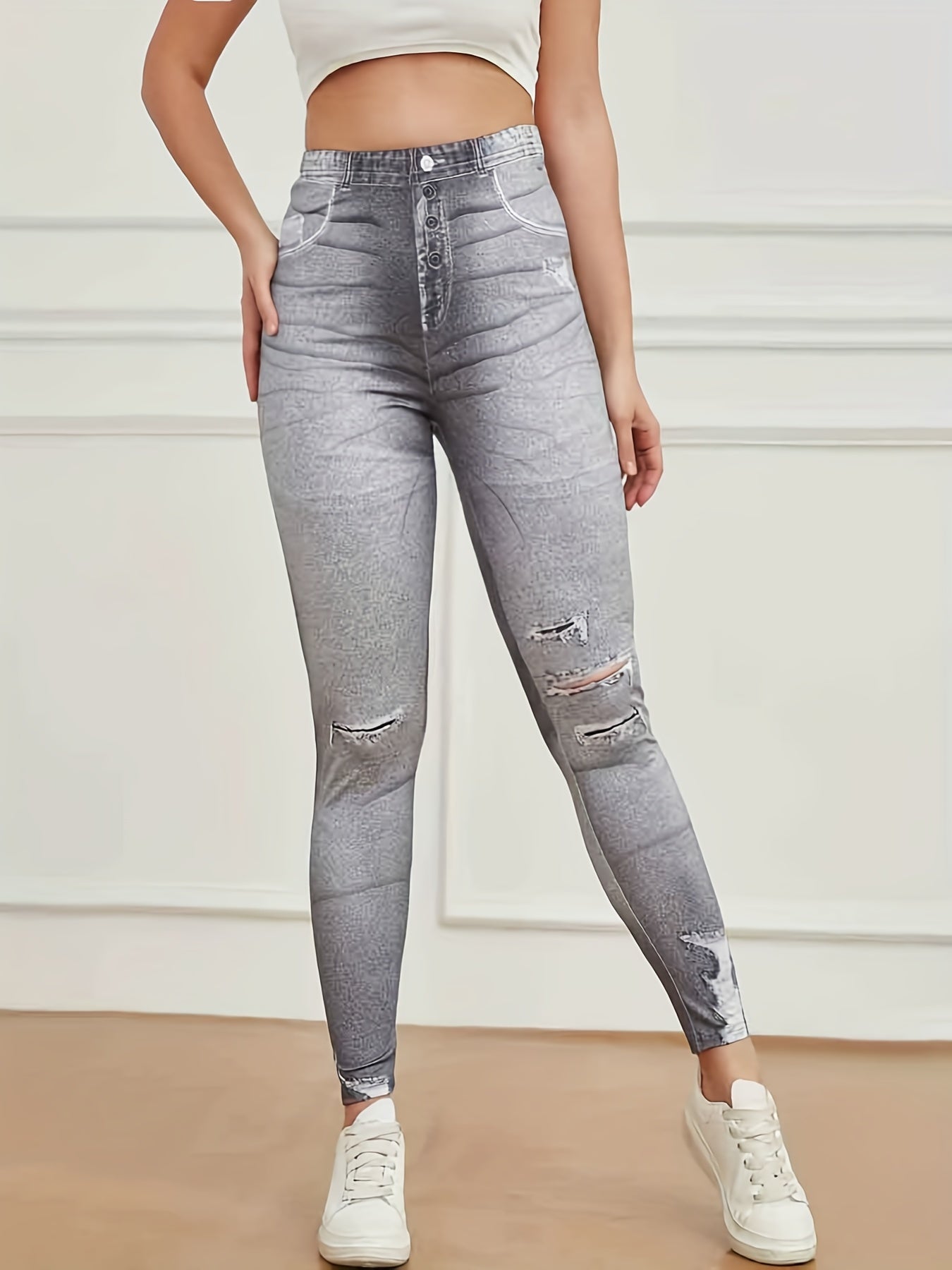 Denim Print Skinny Ripped Leggings for Women