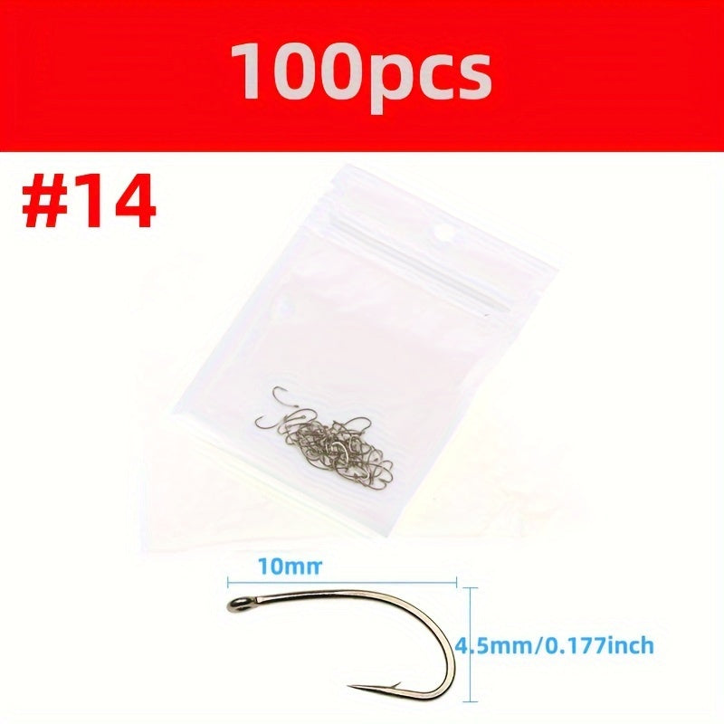 100pcs High Carbon Steel Fly Tying Hooks Barbed Curved Hooks Fly Fishing