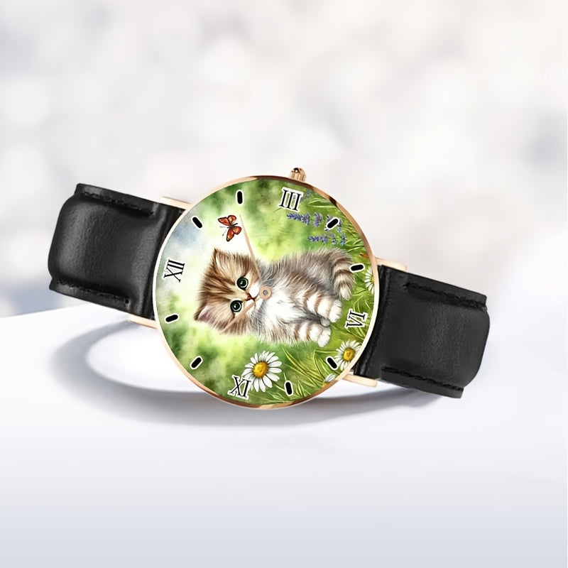 Unisex Kitten on Grass Analog Watch Minimalist Rose Golden Stainless Steel Band