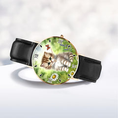 Unisex Kitten on Grass Analog Watch Minimalist Rose Golden Stainless Steel Band