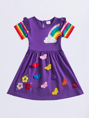 Baby Girls Short Sleeve Cotton Dress Rainbow Print Flower Embroidery Butterfly