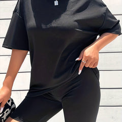 2pcs Casual Sports Suit Crew Neck Sports Tee & Shorts