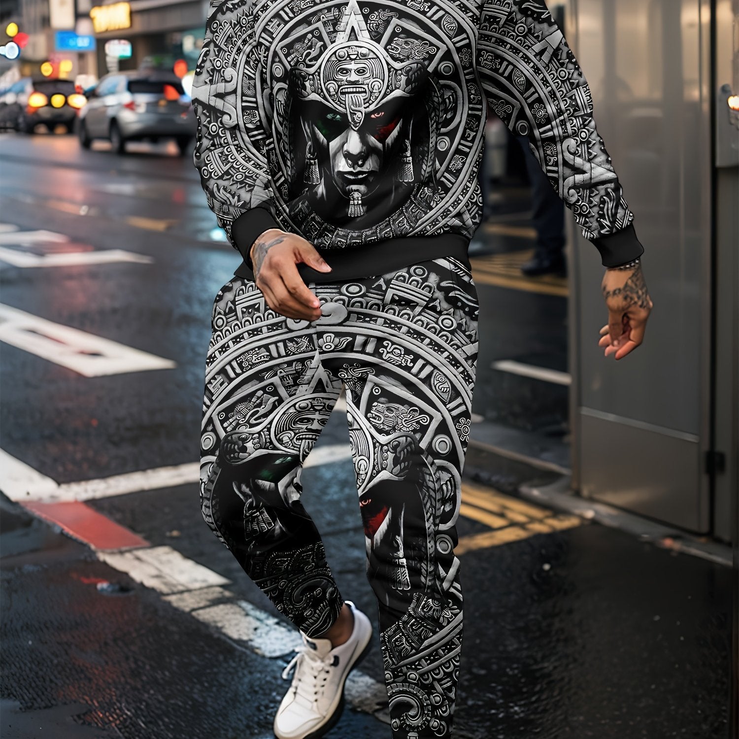 Men's Printed Crew Neck Sweatshirt Stretch Joggers Set