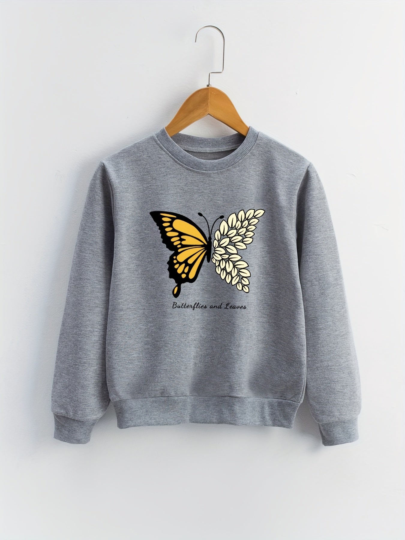 Girls Butterfly & Leaves Crew Neck Sweatshirts For Sports Casual Outfit