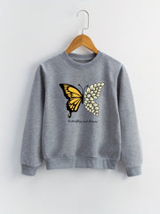 Girls Butterfly & Leaves Crew Neck Sweatshirts For Sports Casual Outfit