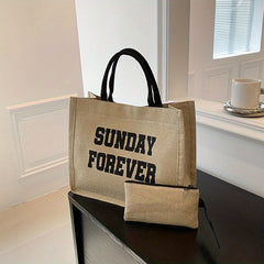 Letter Print Canvas Handbag With Coin Bag Portable Double Handle Tote Bag
