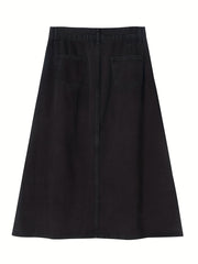 Solid A-line Denim Skirt with Pockets