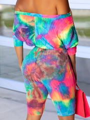 Tie Dye Off Shoulder Romper Jumpsuit Women's Clothing