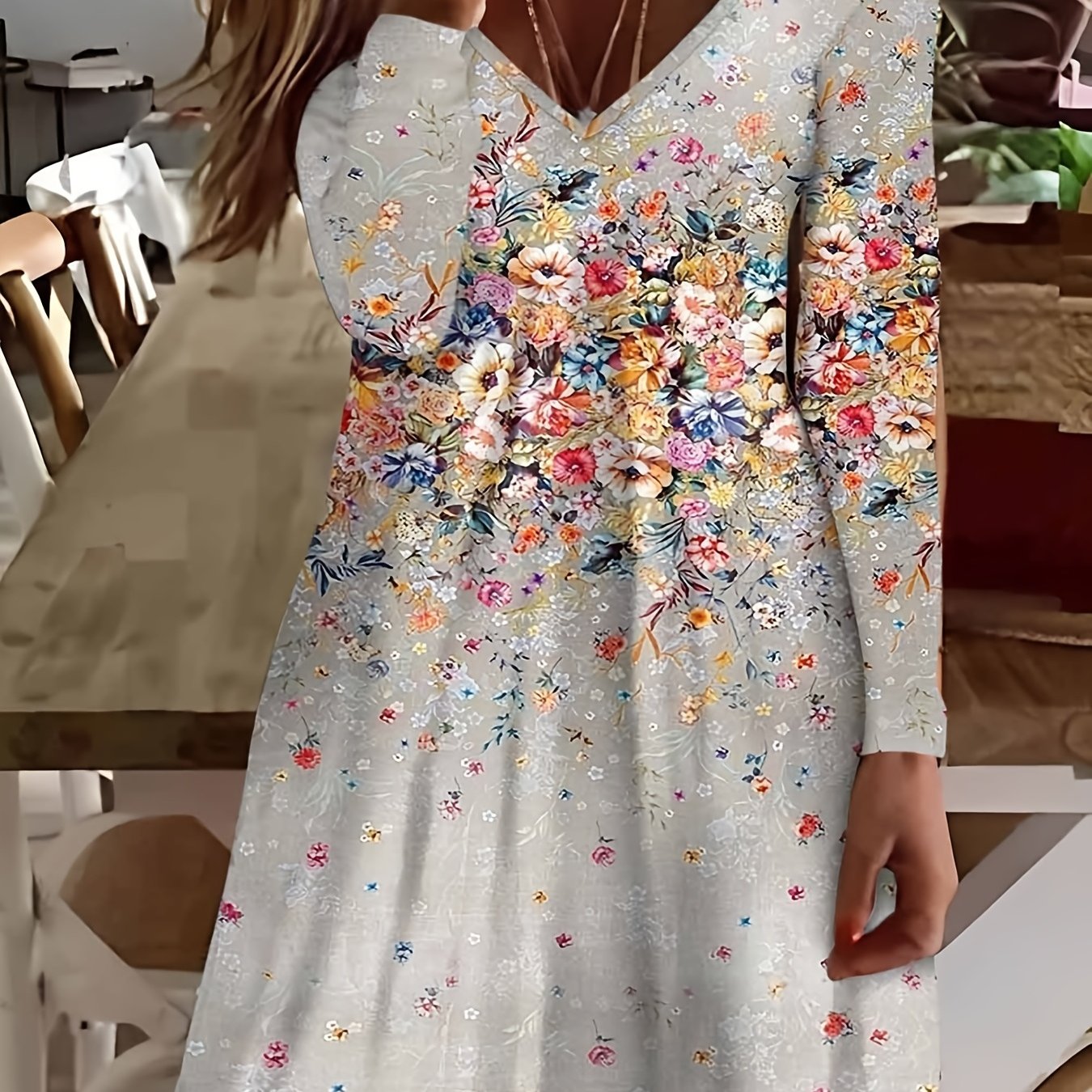 Floral Print Long Sleeve V Neck Dress