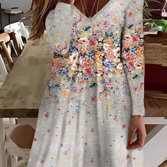 Floral Print Long Sleeve V Neck Dress