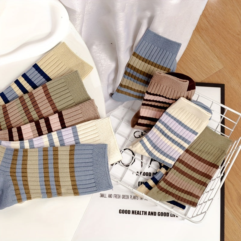 5 Pairs Striped Crew Socks Comfortable & Breathable All Match Women's Stockings