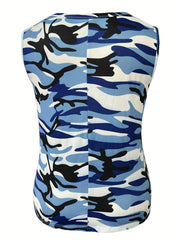 Colorblock Camo Print Cut Out Grommet Lace Up Tank Top