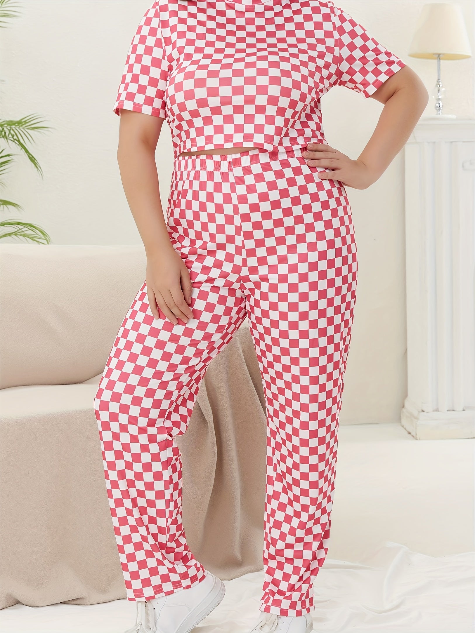 Checker Print Mock Neck Crop Top & Pants Set