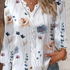 Women's Plus Floral Print Lace Sleeve V-Neck Top