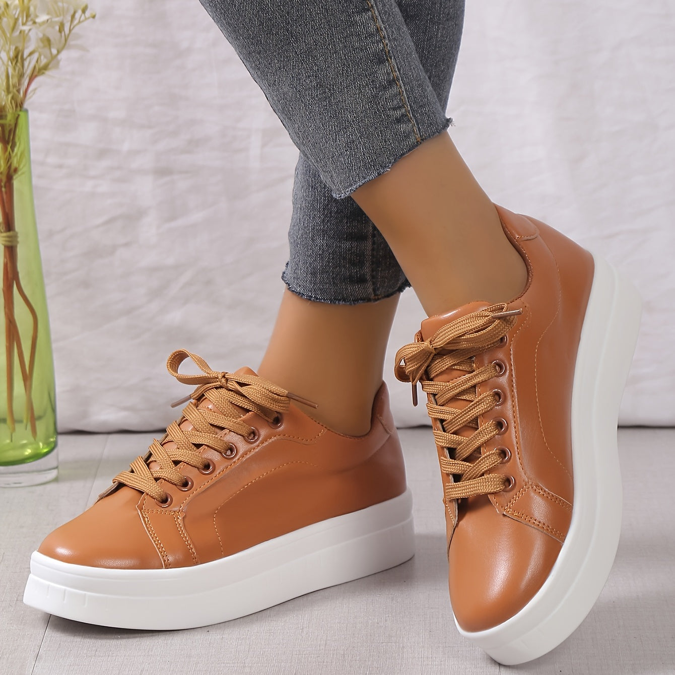 Faux Leather Platform Sneakers for Women
