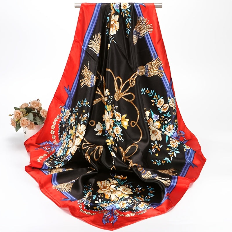 Satin Flower Print Headband Scarf Vintage Warm Shawl for Women