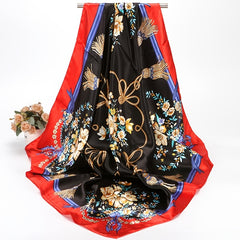 Satin Flower Print Headband Scarf Vintage Warm Shawl for Women