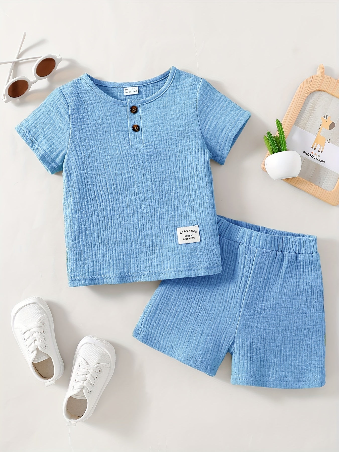2pcs Infant Baby Button Short Sleeve Tees & Shorts