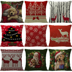 Christmas Linen Pillow Covers Tree Puppy Print Throw Pillowcase