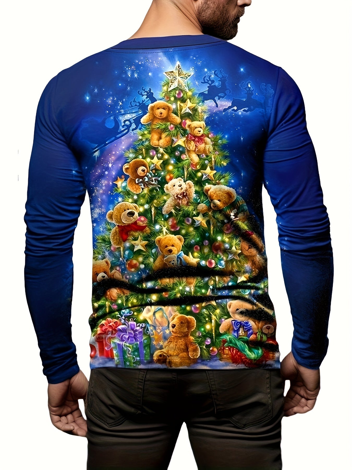 Christmas Tree Print Men's Long Sleeve Tee Stylish Autumn Shirt