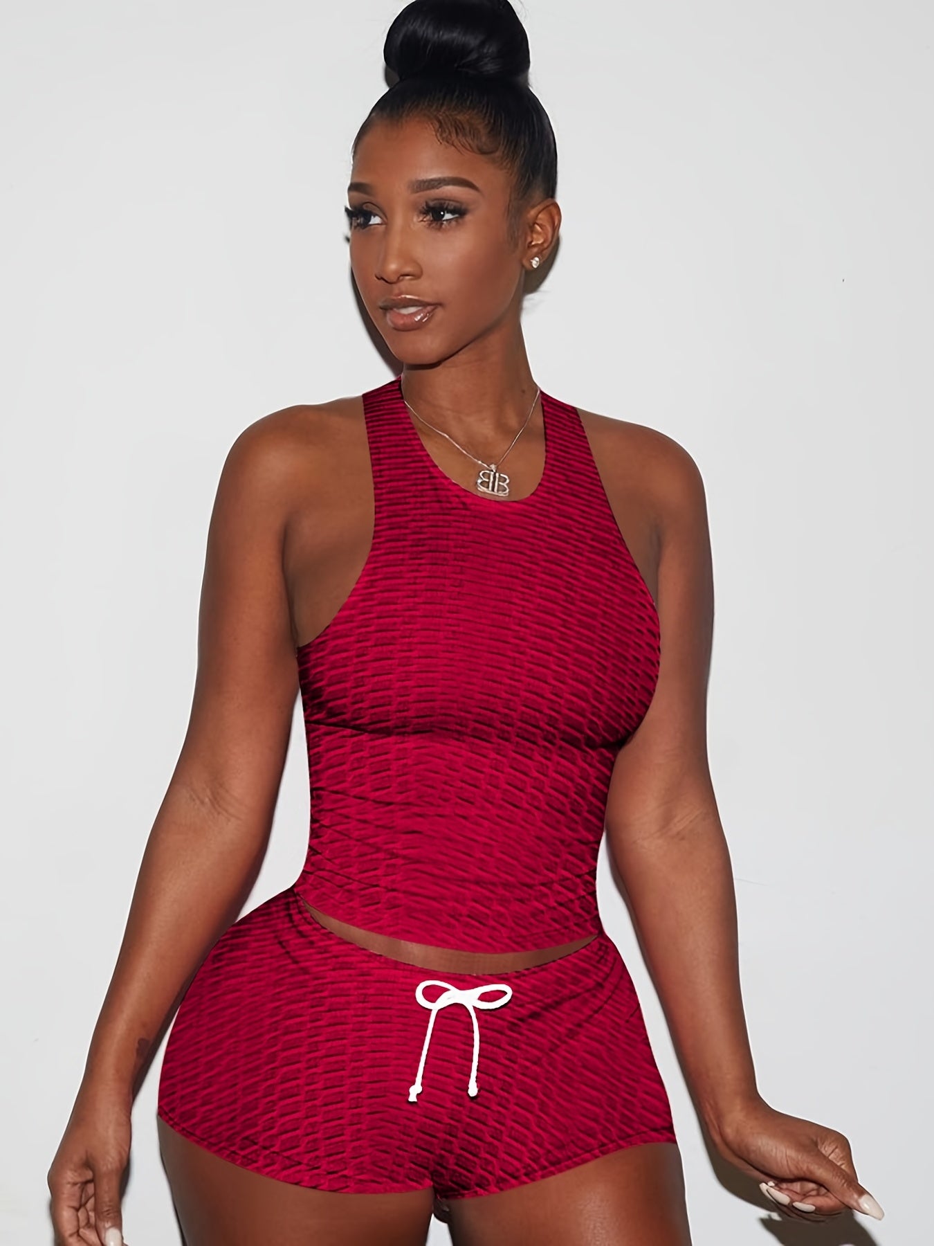 Plus Size Honeycomb Tank Top & Shorts Sports Outfits Set