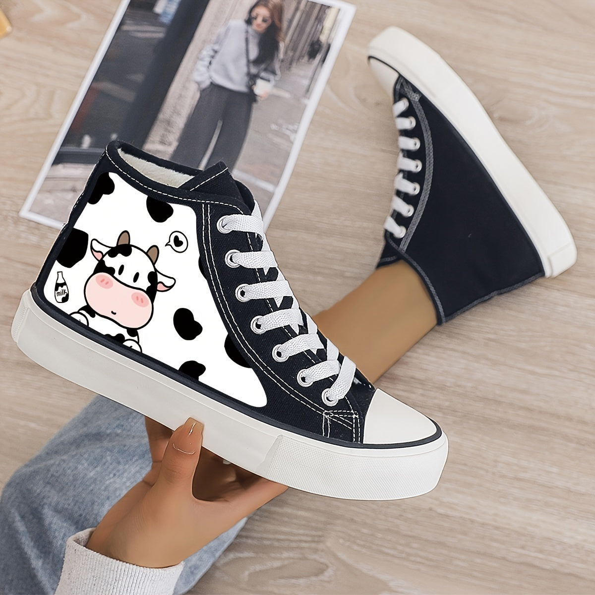 Cow Print Plush Lined Chunky Canvas Sneakers Warm Winter Shoes
