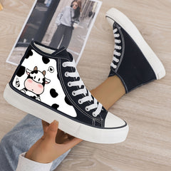 Cow Print Plush Lined Chunky Canvas Sneakers Warm Winter Shoes
