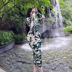 Retro Dress Round Neck Bodycon Midi Dress