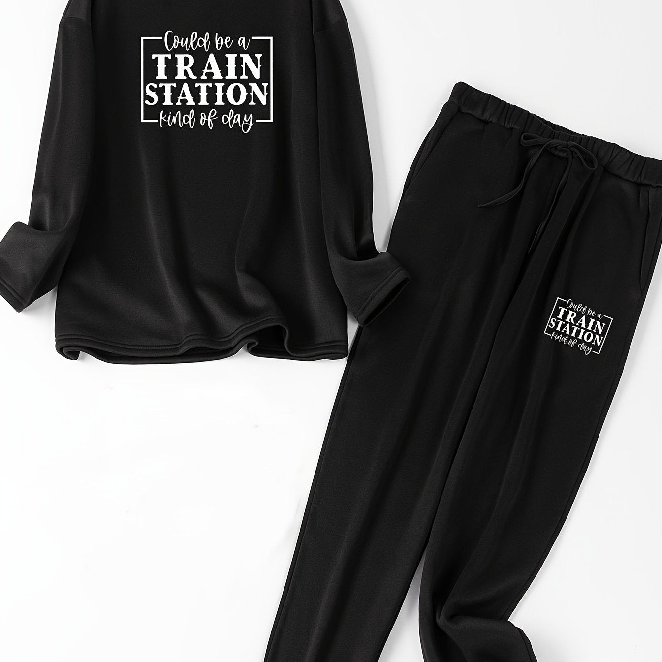 Women's Slogan Print Fleece Top & Joggers Pajamas Set