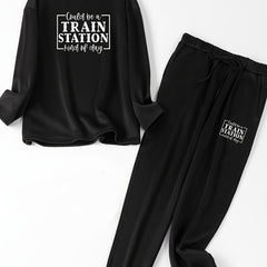 Women's Slogan Print Fleece Top & Joggers Pajamas Set