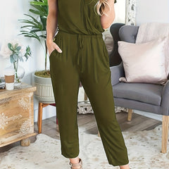 Solid V Neck Drawstring Waist Jumpsuit - Short Sleeve - Spring & Summer