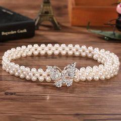 Butterfly Buckle Faux Pearl Belt Rhinestone Decor Elastic Waistband