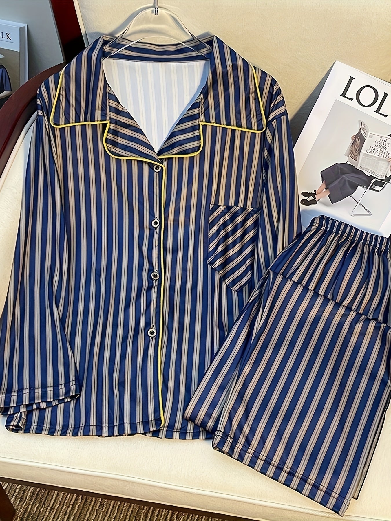 Stripe Print Pajama Set Button Up Top & Pants