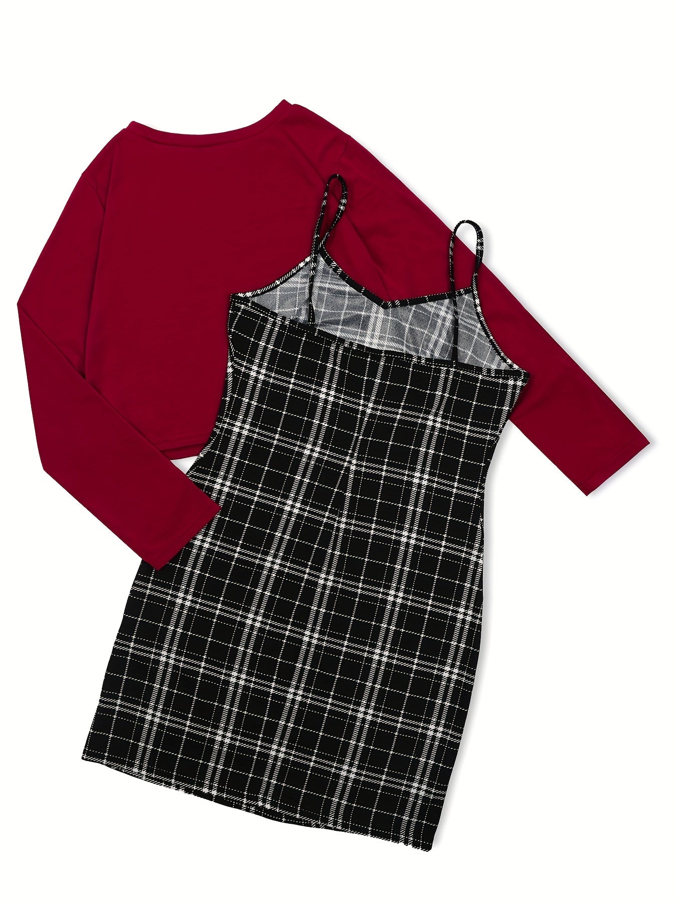 Preppy Two-piece Set Solid Long Sleeve Tops & Plaid Print Dress