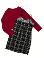 Preppy Two-piece Set Solid Long Sleeve Tops & Plaid Print Dress