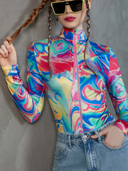 Print Zip Up Bodysuit Sexy Long Sleeve One Piece Women's Clothing