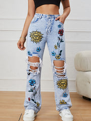 Floral Ripped Straight Jeans High Waist Distressed Denim Pants